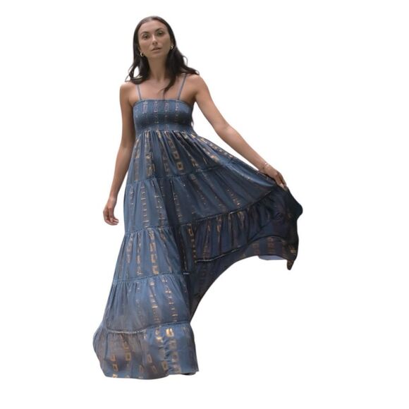 Guadalupe Blue Gold Accent Maxi Dress Size Small - Picture 7 of 8